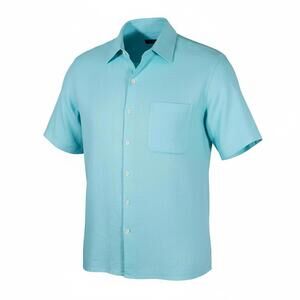 Alan Flusser Men's Large Turquoise Linen Short Sleeve Shirt Casual Resort